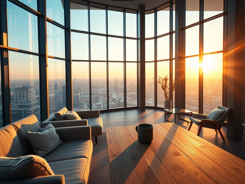 A sleek glass and steel high-rise interior at golden hour, warm sunlight streaming through floor-to-ceiling windows, minimalist Scandinavian furniture with soft beige wool textiles, a lone coffee cup on a polished oak table, shallow depth of field with bokeh highlights, photorealistic 8k commercial photography.