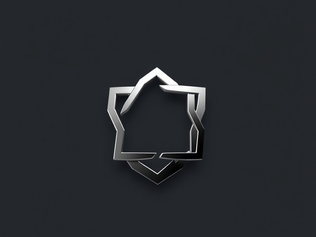 A minimalist geometric abstract shape reminiscent of a shield or interlocking nodes, crafted from polished chrome with subtle gradient reflections on a dark grey background, clean lines and sophisticated, photorealistic 8k.